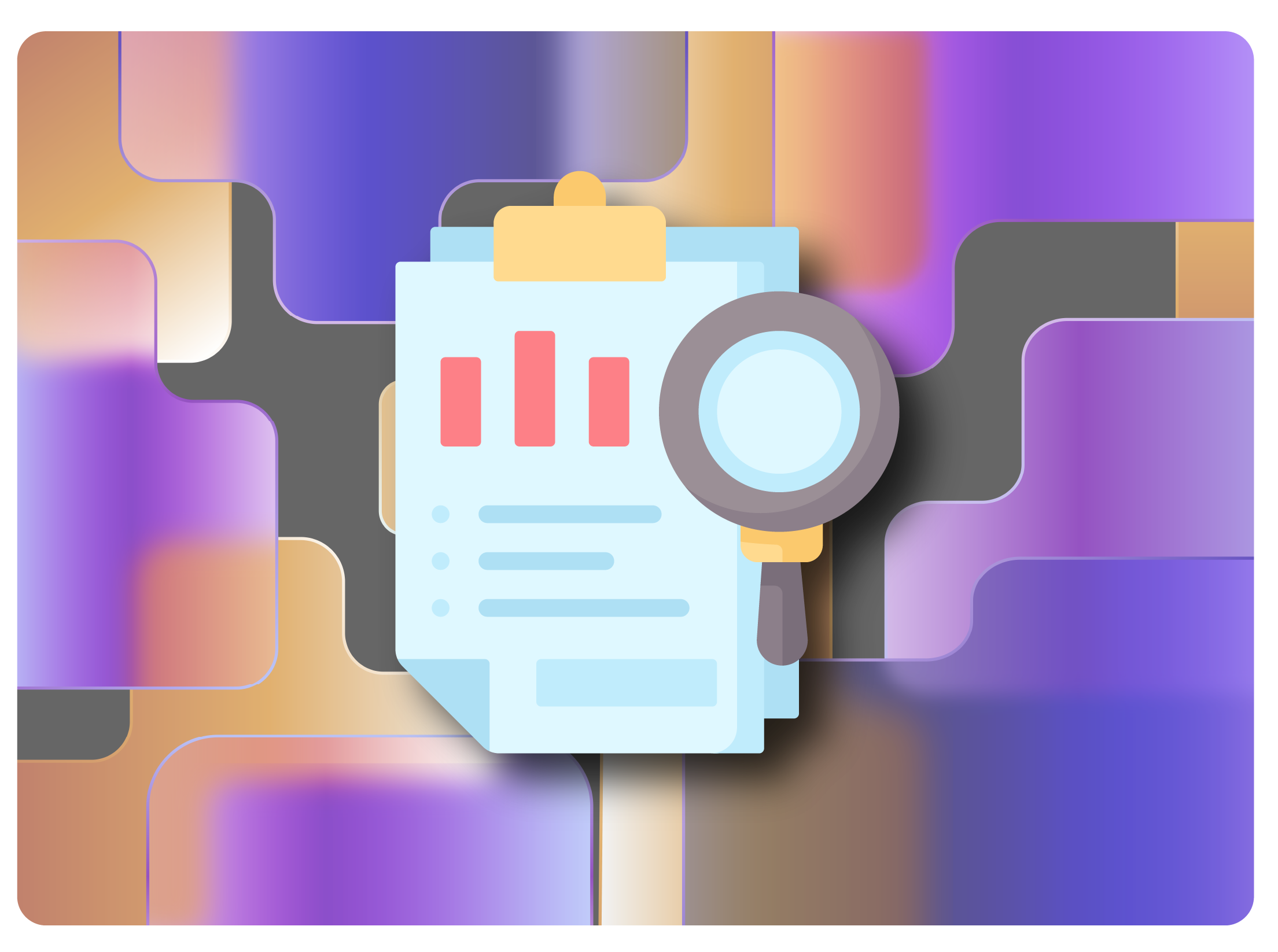 Icon with a magnifying glass over a document indicating analysis. The background comprises blurred geometric shapes.