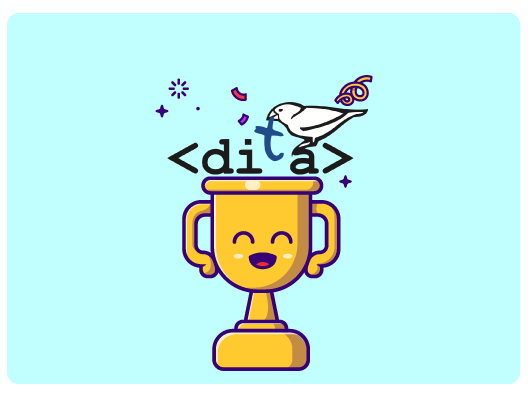 Anthropomorphized trophy with a smile and the DITA logo on top