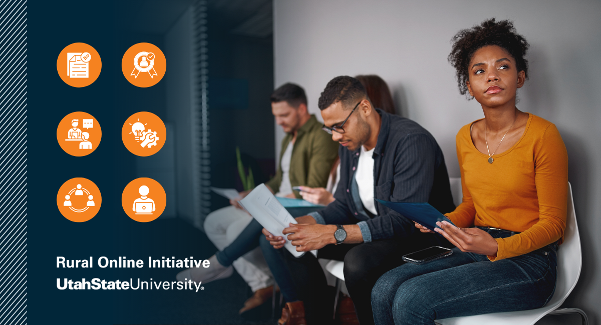 Rural Online Initiative image showing job seekers seated in a waiting area with icons representing resumes, credentials, interviews, skills, teamwork, and remote work.
