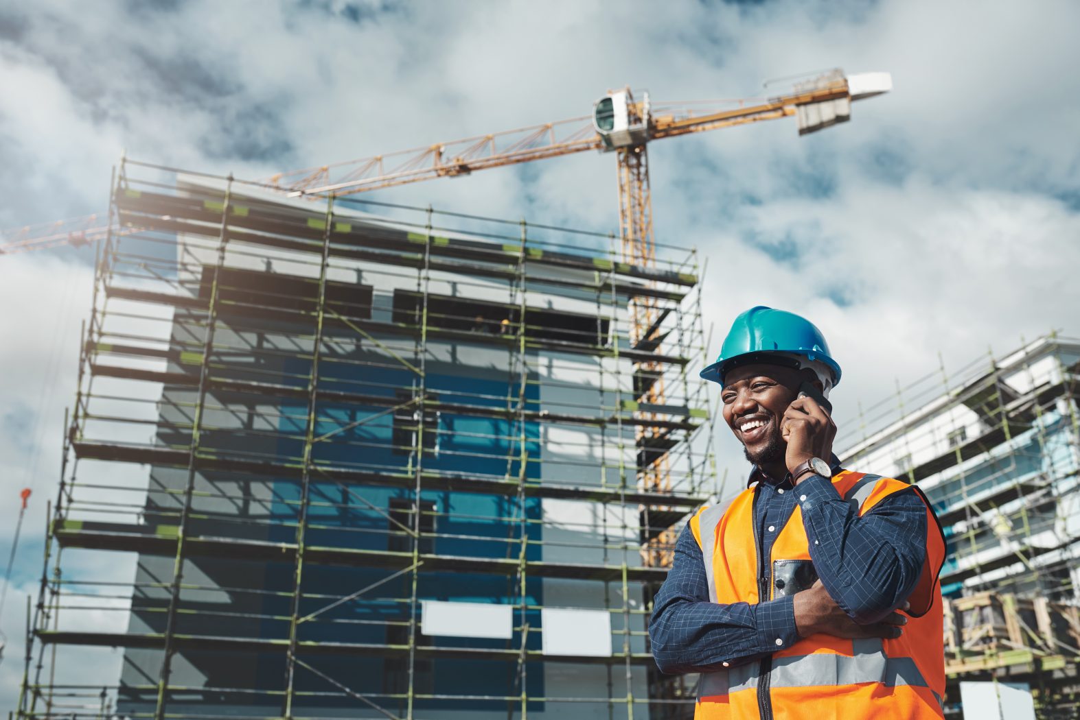 Construction worker on the phone