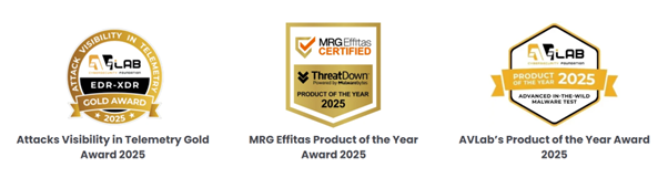 Attacks Visibility in Telemetry Gold Award 2025, MRG Effitas Product of the Year Award 2025, AVLab's Product of the Year Award 2025