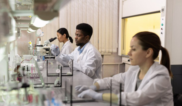 A group of three people working in a healthcare lab