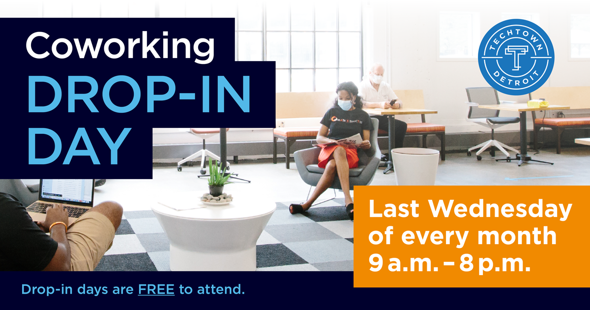 Coworking Drop-In Day graphic showcasing a woman sitting in the building space