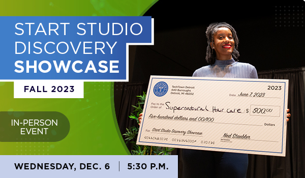 A promotional graphic for the fall 2023 Start Studio Discovery Showcase on Wednesday, Dec. 6 at 5:30pm