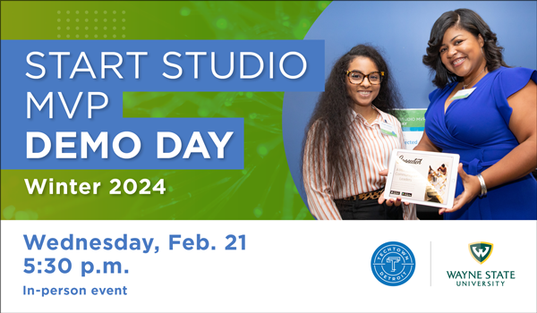 A promotional graphic for Start Studio MVP Demo Day that is on Wednesday, Feb. 21 at 5:30 p.m.
