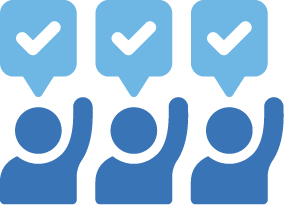 Three people icons raising their hands raised, each with text bubbles.