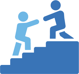 One person icon helping another person icon up steep stairs, indicating collaboration.