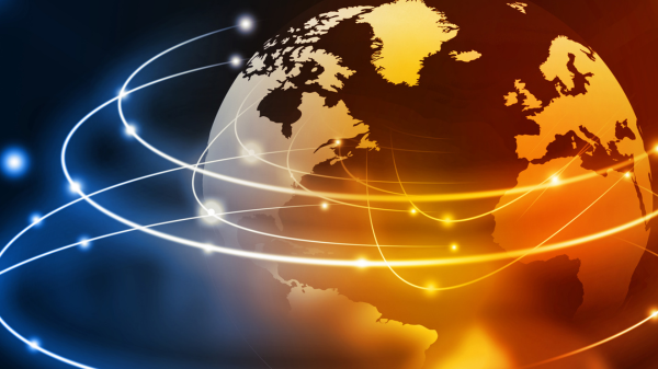 Illustration of a globe with glowing connected dots pinned around different continents
