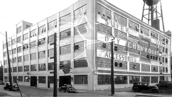 An old, black-and-white photo of the former Chevy Creative Services Building