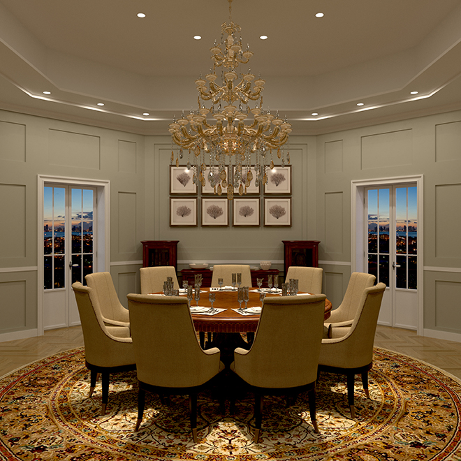 Formal dining room with chandelier and warm layered lighting