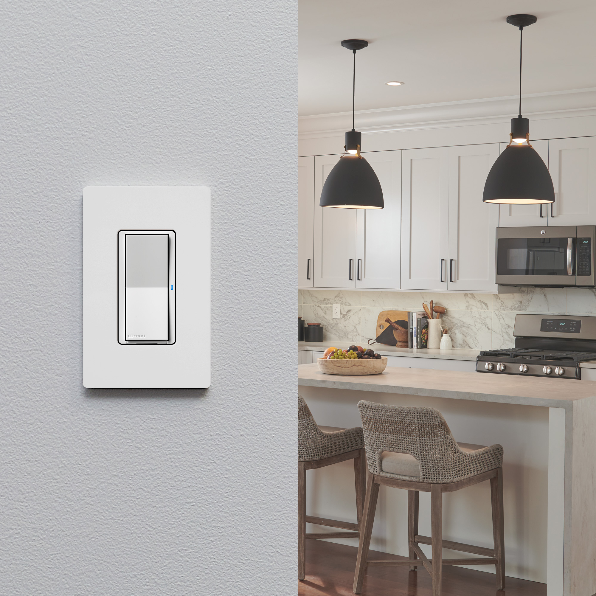 Lutron dimmer switch installed in a modern kitchen