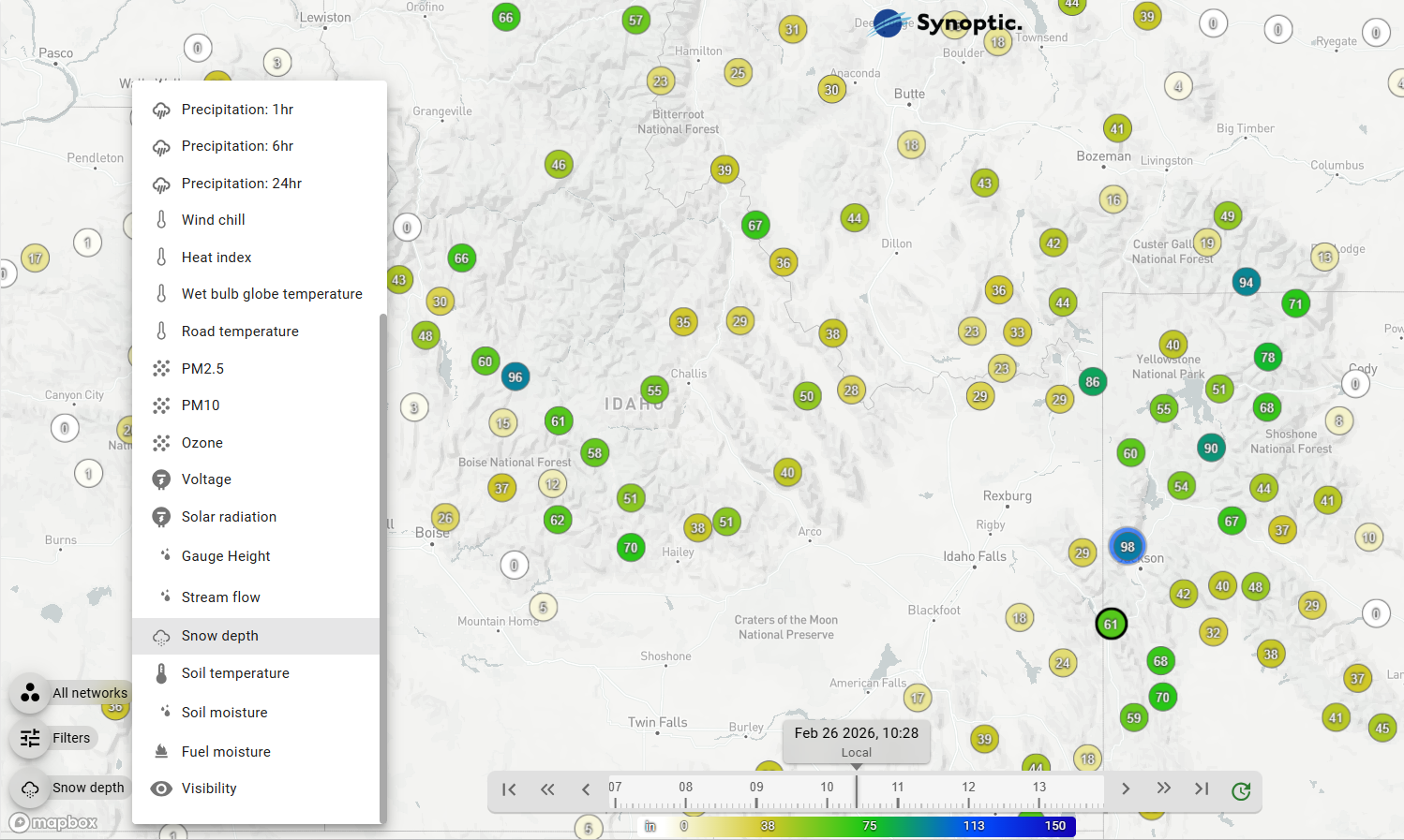 Select Snow Depth from the Menu in the Explore section of the Data Viewer to access real-time Snow Depth data.
