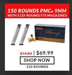 150 Rounds of PMC-9mm-115 Grain-FMJ - AND 2 ETS-Glock-Carbon Smoke-32 Round- Magazines