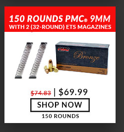 150 Rounds of PMC-9mm-115 Grain-FMJ - AND 2 ETS-Glock-Carbon Smoke-32 Round- Magazines