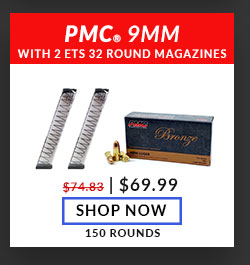 150 Rounds of PMC-9mm-115 Grain-FMJ - AND 2 ETS-Glock-Carbon Smoke-32 Round-Magazines