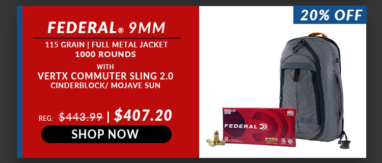 20% off Vertx - Commuter Sling 2.0 - Cinderblock/Mojave Sun - Sling with 1,000 Rounds Federal - 9mm - 115 Grain - FMJ