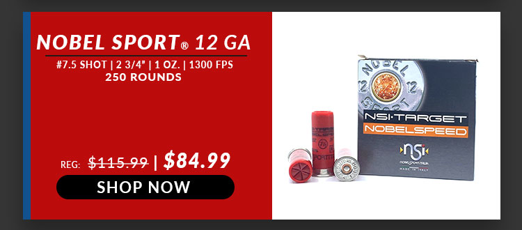 Nobel Sport – Target Nobel Speed – 12 Gauge – #7.5 Shot – 2-3/4″ – 1 oz. – 1300 FPS – 250 Rounds