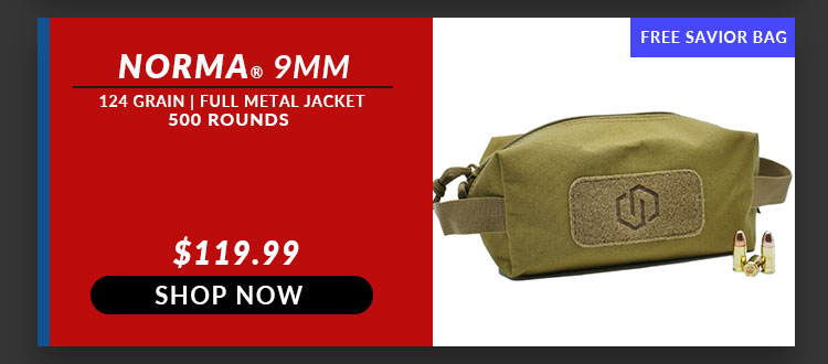 FREE Savior Bag Tan with Norma – 9mm – 124 Grain – FMJ – 500 Rounds BULK