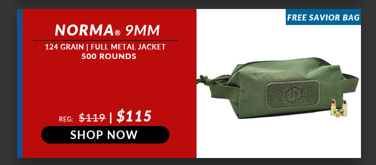 FREE Savior Bag  OD Green with Norma - 9mm - 124 Grain - FMJ - 500 Rounds BULK