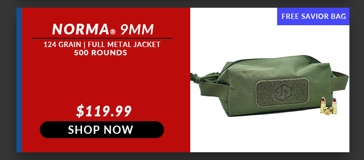FREE Savior Bag OD Green with Norma – 9mm – 124 Grain – FMJ – 500 Rounds BULK