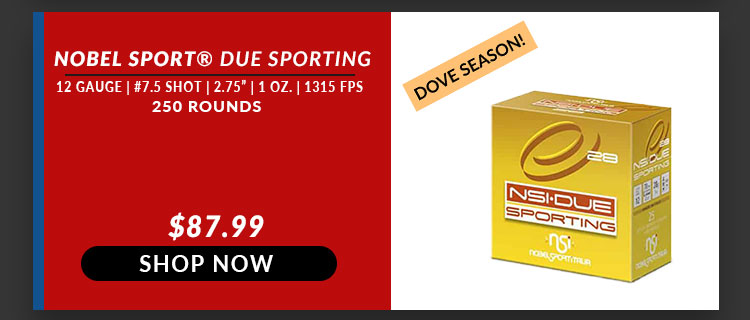 Nobel Sport – Due Sporting 5% Antimony – 12 Gauge – #7.5 Shot – 2.75″ – 1 oz. – 1315 FPS