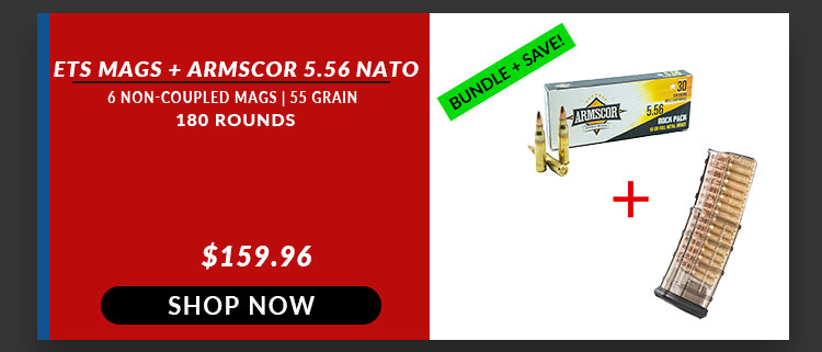 ARMSCOR – ROCK PACK – 5.56X45MM – 55 GRAIN – FMJ (180 Rounds) + ETS GEN 2 AR-15 MAGAZINE – 30 ROUND (6 Mags)