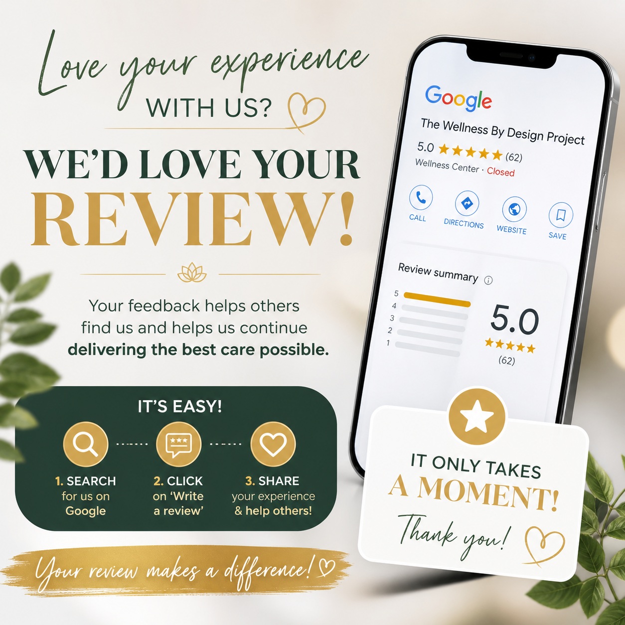 Instructions on how to leave a review for The Wellness by Design Project on Google